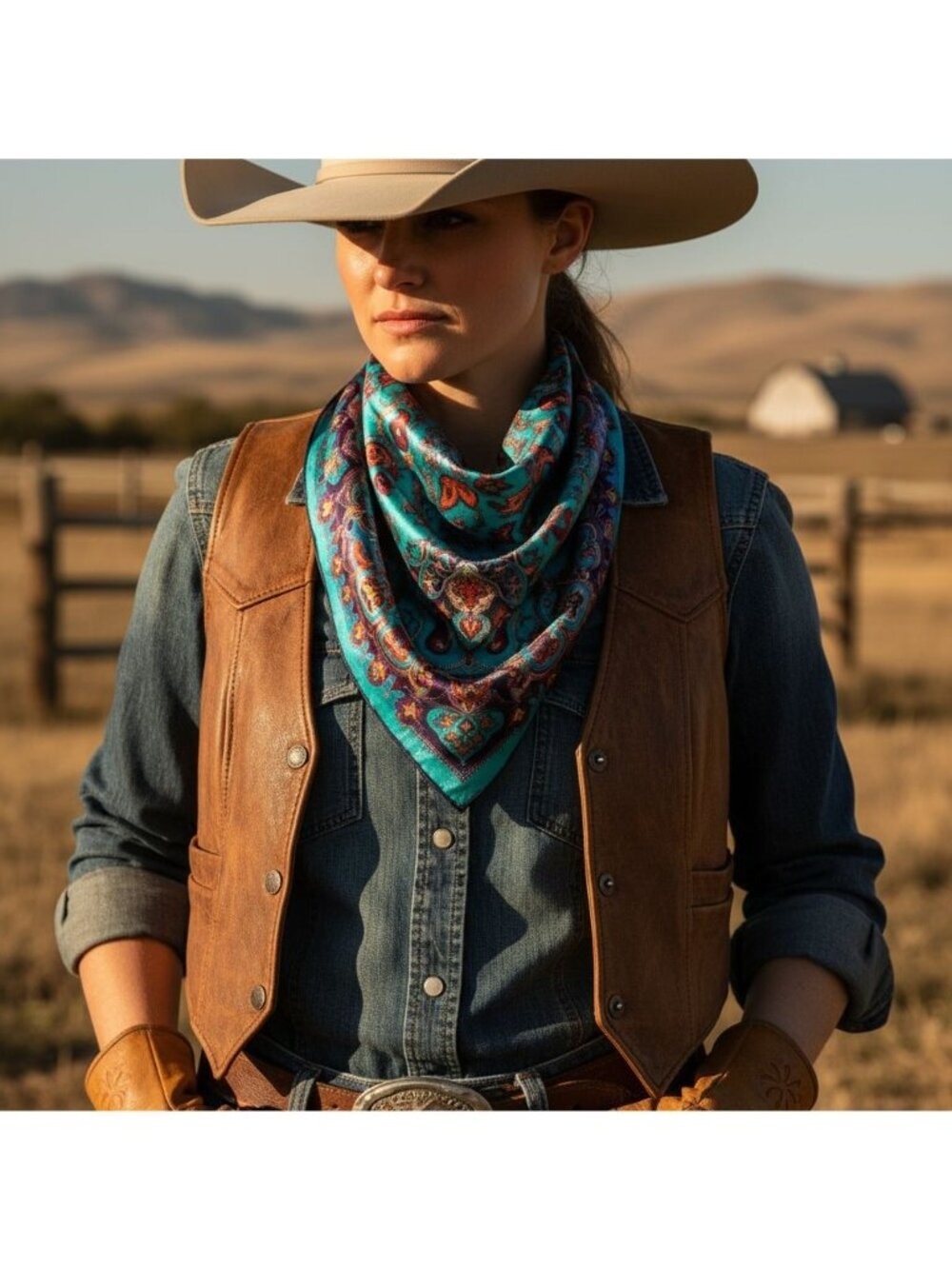 Satin Wild Rag 35 Inch Square Western Scarf Paisley Southwestern Style Turquoise - Picture 3 of 8